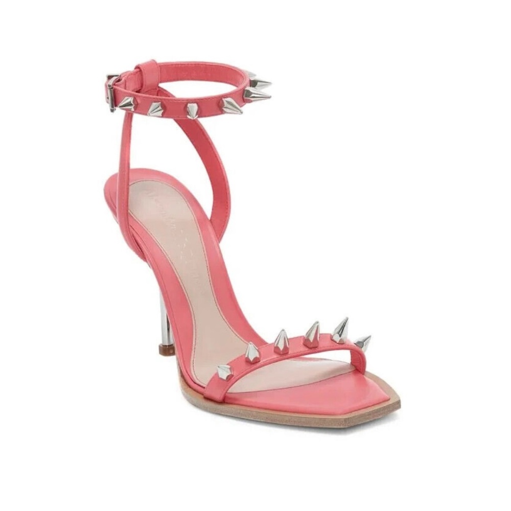 ALEXANDER MCQUEEN PUNK STUD STRAP HEEL SANDALS. SIZE: EU 39,5, US 9,5, CORAL.